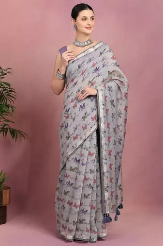 Mirchi fashion women's grey floral printed cotton blend saree with unstitched blouse piece