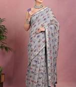 Mirchi fashion women's grey floral printed cotton blend saree with unstitched blouse piece