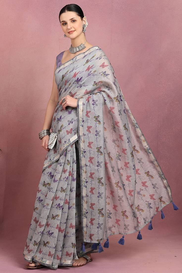 Mirchi fashion women's grey floral printed cotton blend saree with unstitched blouse piece
