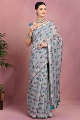 Mirchi fashion women's blue floral printed cotton blend saree with unstitched blouse piece 1