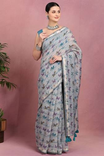 Mirchi fashion women's blue floral printed cotton blend saree with unstitched blouse piece