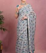 Mirchi fashion women's blue floral printed cotton blend saree with unstitched blouse piece