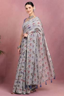 Mirchi fashion women's grey floral printed cotton blend saree with unstitched blouse piece 3