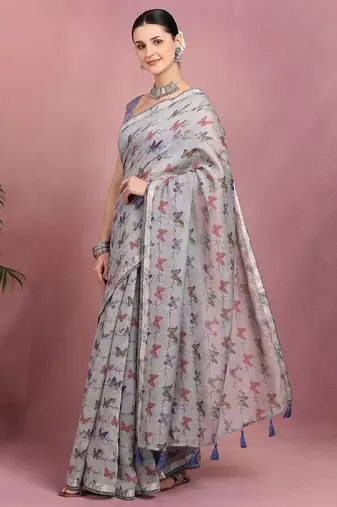 Mirchi fashion women's grey floral printed cotton blend saree with unstitched blouse piece