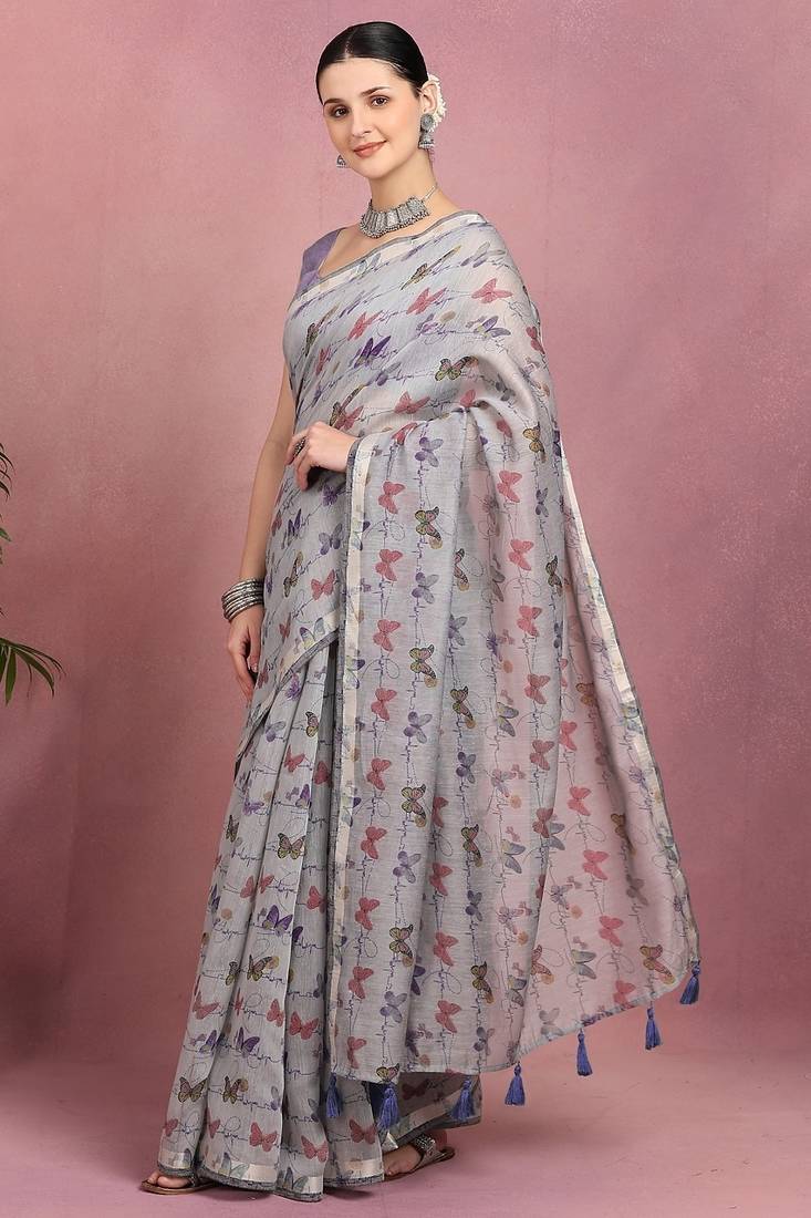 Mirchi fashion women's grey floral printed cotton blend saree with unstitched blouse piece