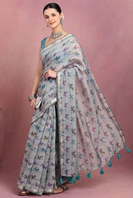 Mirchi fashion women's blue floral printed cotton blend saree with unstitched blouse piece 2
