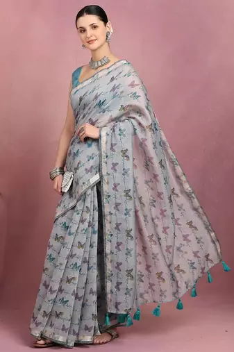 Mirchi fashion women's blue floral printed cotton blend saree with unstitched blouse piece
