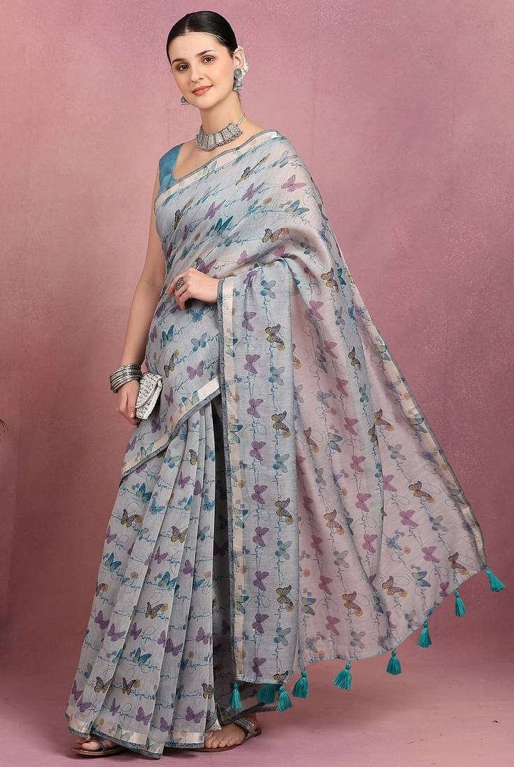 Mirchi fashion women's blue floral printed cotton blend saree with unstitched blouse piece