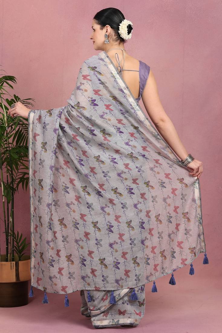 Mirchi fashion women's grey floral printed cotton blend saree with unstitched blouse piece