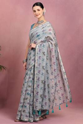 Mirchi fashion women's blue floral printed cotton blend saree with unstitched blouse piece 3