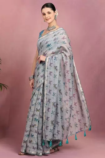 Mirchi fashion women's blue floral printed cotton blend saree with unstitched blouse piece