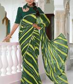 Mirchi fashion women's green striped,leheriya print chiffon saree with unstitched blouse piece