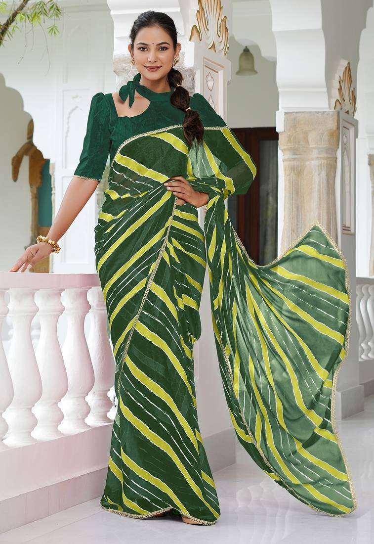 Mirchi fashion women's green striped,leheriya print chiffon saree with unstitched blouse piece