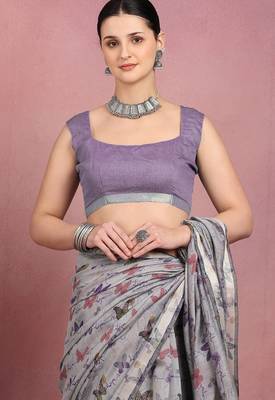 Mirchi fashion women's grey floral printed cotton blend saree with unstitched blouse piece 5