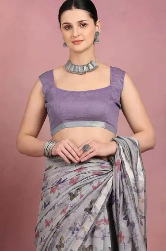 Mirchi fashion women's grey floral printed cotton blend saree with unstitched blouse piece
