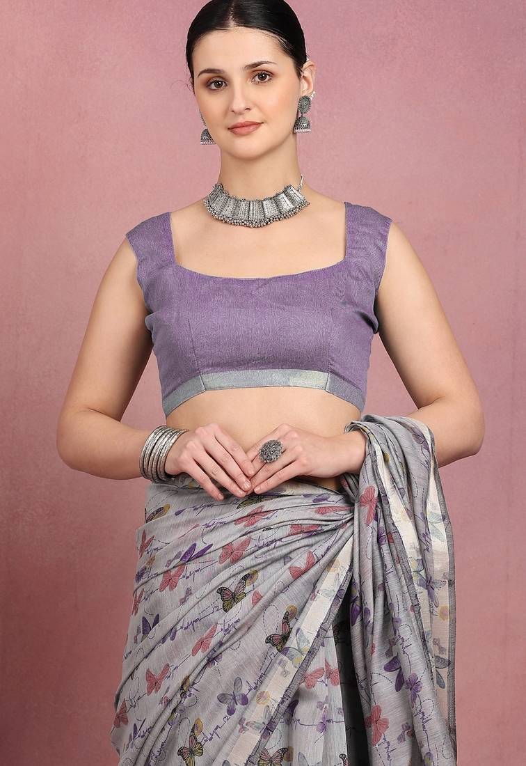 Mirchi fashion women's grey floral printed cotton blend saree with unstitched blouse piece
