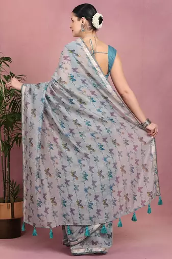 Mirchi fashion women's blue floral printed cotton blend saree with unstitched blouse piece