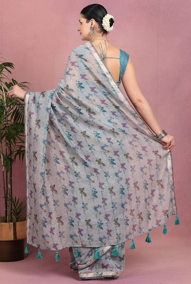 Mirchi fashion women's blue floral printed cotton blend saree with unstitched blouse piece