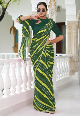 Mirchi fashion women's green striped,leheriya print chiffon saree with unstitched blouse piece 2