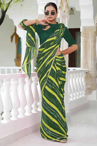 Mirchi fashion women's green striped,leheriya print chiffon saree with unstitched blouse piece