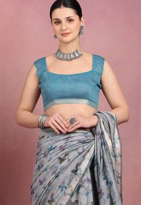 Mirchi fashion women's blue floral printed cotton blend saree with unstitched blouse piece 5