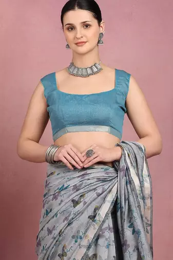 Mirchi fashion women's blue floral printed cotton blend saree with unstitched blouse piece