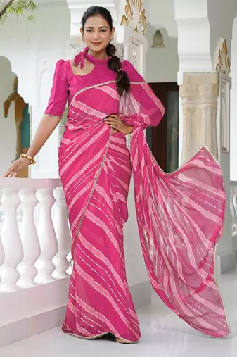 Mirchi fashion women's pink striped,leheriya print chiffon saree with unstitched blouse piece