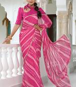 Mirchi fashion women's pink striped,leheriya print chiffon saree with unstitched blouse piece
