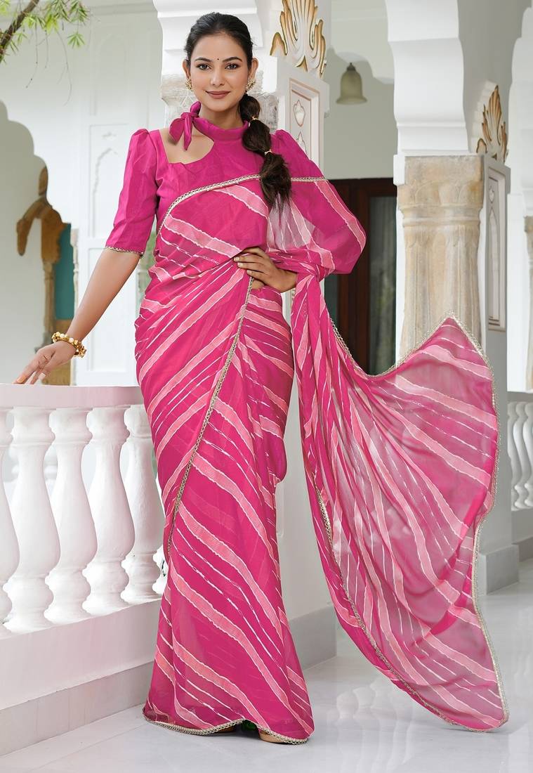 Mirchi fashion women's pink striped,leheriya print chiffon saree with unstitched blouse piece