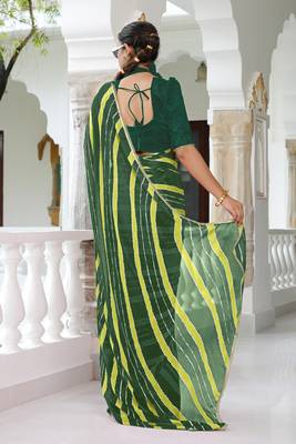 Mirchi fashion women's green striped,leheriya print chiffon saree with unstitched blouse piece 4