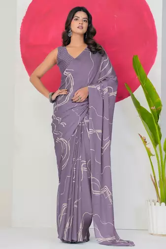 Mirchi fashion women's purple geometric print chiffon saree with unstitched blouse piece