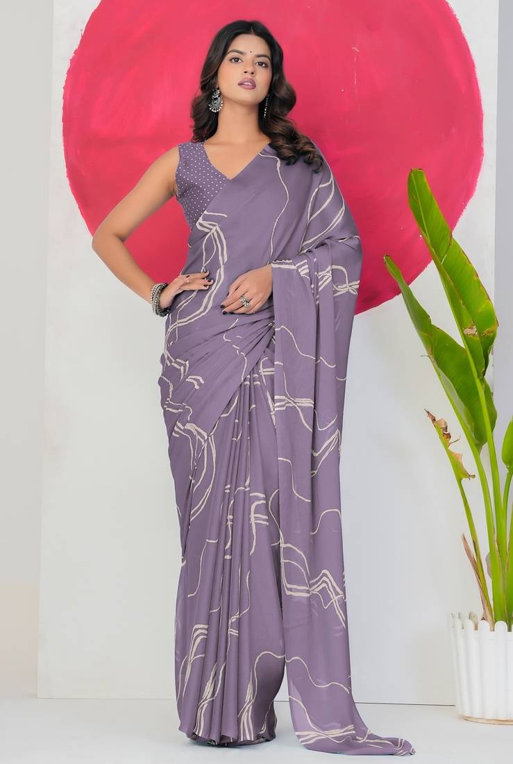 Mirchi fashion women's purple geometric print chiffon saree with unstitched blouse piece