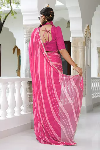Mirchi fashion women's pink striped,leheriya print chiffon saree with unstitched blouse piece