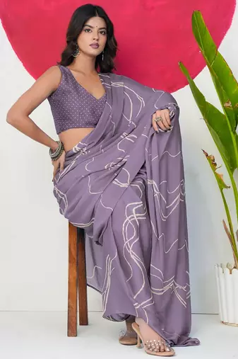 Mirchi fashion women's purple geometric print chiffon saree with unstitched blouse piece