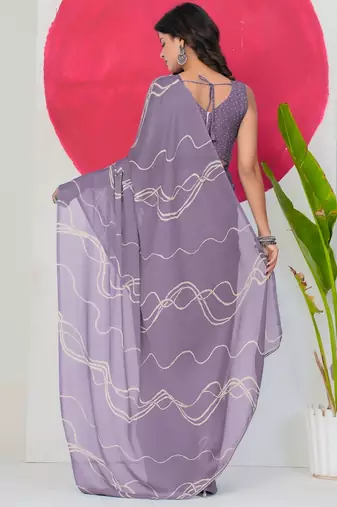 Mirchi fashion women's purple geometric print chiffon saree with unstitched blouse piece