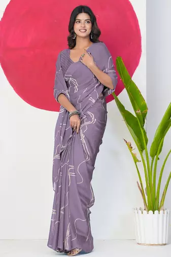 Mirchi fashion women's purple geometric print chiffon saree with unstitched blouse piece