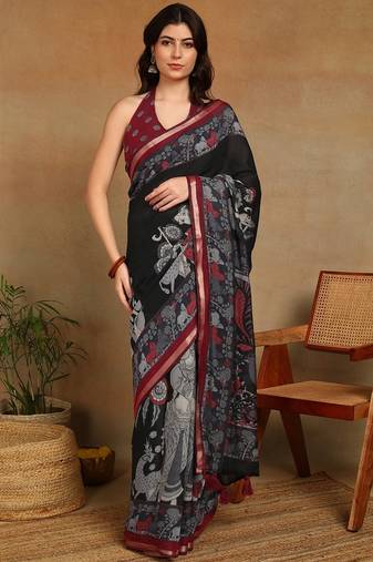 Mirchi fashion women's black madhubani,ethnic printed viscose cotton saree with unstitched blouse piece