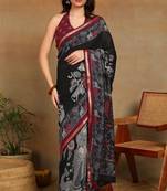 Mirchi fashion women's black madhubani,ethnic printed viscose cotton saree with unstitched blouse piece
