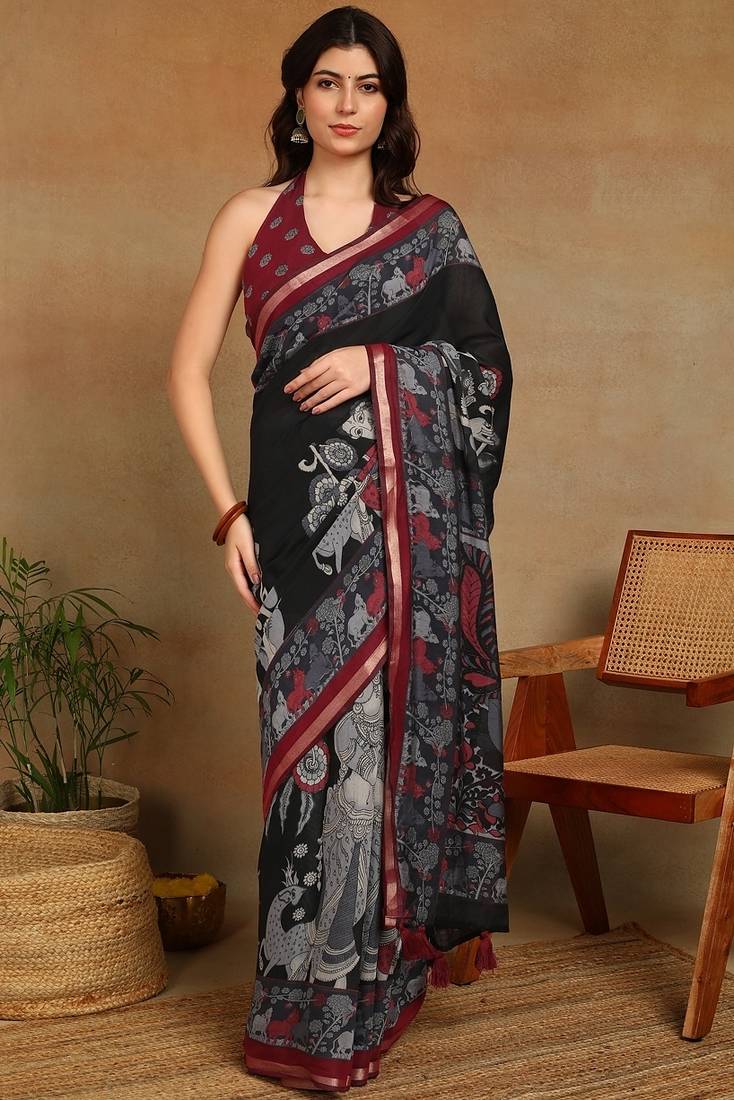 Mirchi fashion women's black madhubani,ethnic printed viscose cotton saree with unstitched blouse piece