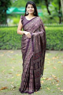 Mirchi fashion women's wine ajrakh printed chiffon saree with unstitched blouse piece 1