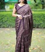 Mirchi fashion women's wine ajrakh printed chiffon saree with unstitched blouse piece