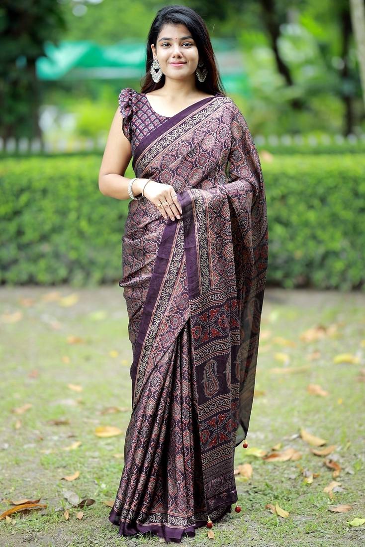 Mirchi fashion women's wine ajrakh printed chiffon saree with unstitched blouse piece