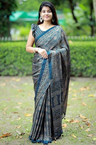 Mirchi fashion women's blue ajrakh printed chiffon saree with unstitched blouse piece