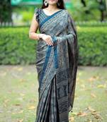 Mirchi fashion women's blue ajrakh printed chiffon saree with unstitched blouse piece