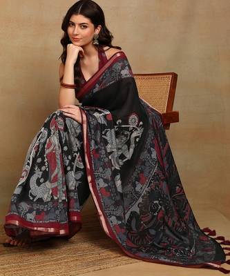 Mirchi fashion women's black madhubani,ethnic printed viscose cotton saree with unstitched blouse piece 2