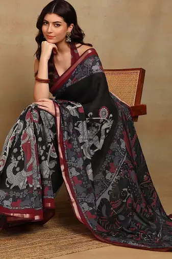 Mirchi fashion women's black madhubani,ethnic printed viscose cotton saree with unstitched blouse piece