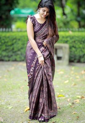 Mirchi fashion women's wine ajrakh printed chiffon saree with unstitched blouse piece 2