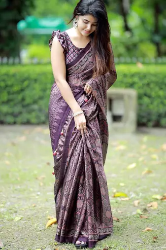 Mirchi fashion women's wine ajrakh printed chiffon saree with unstitched blouse piece