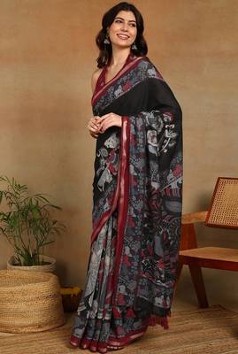Mirchi fashion women's black madhubani,ethnic printed viscose cotton saree with unstitched blouse piece 3