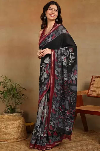 Mirchi fashion women's black madhubani,ethnic printed viscose cotton saree with unstitched blouse piece